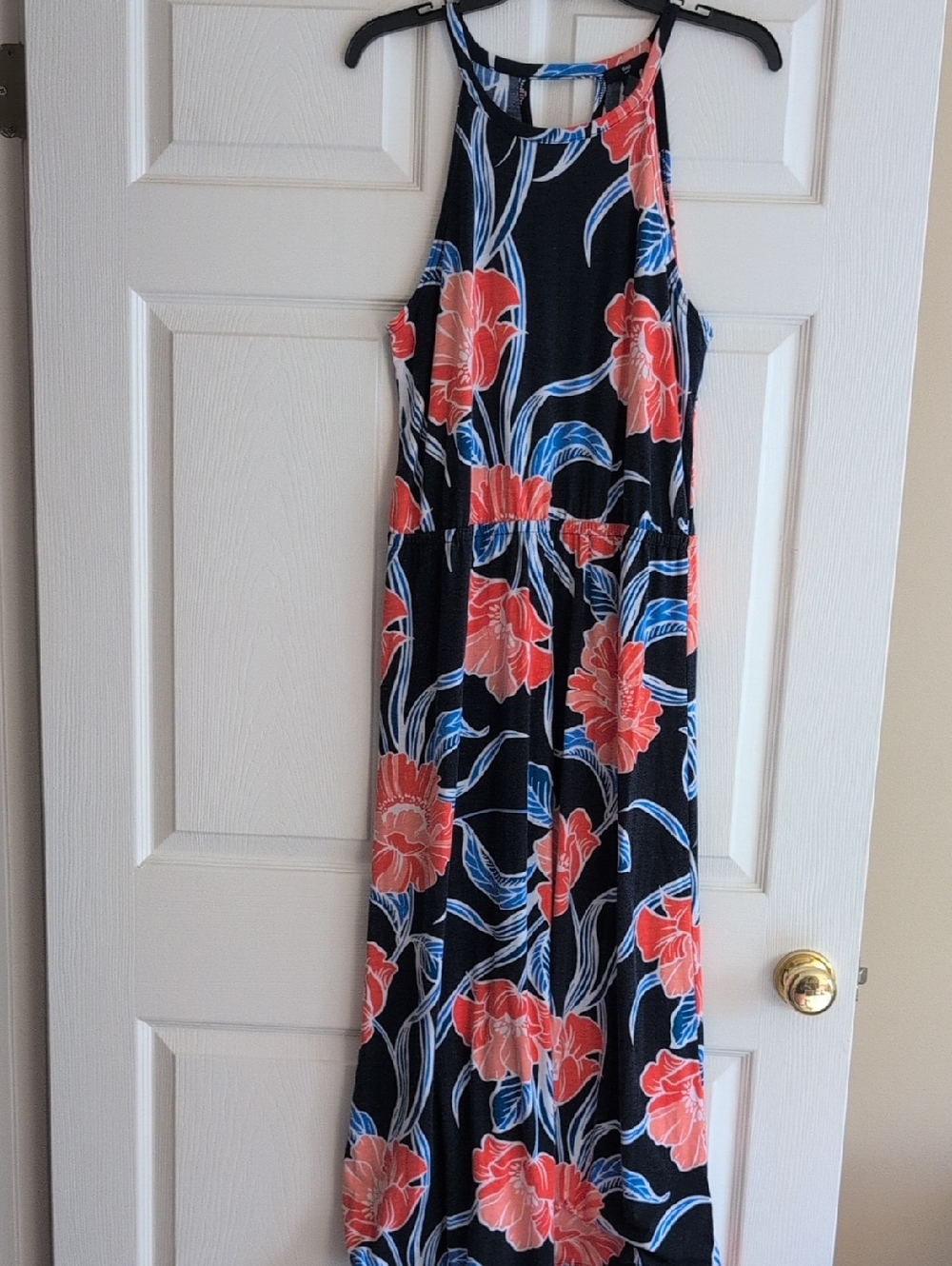 GAP Black Maxi Dress with Coral Floral and Blue Leaves